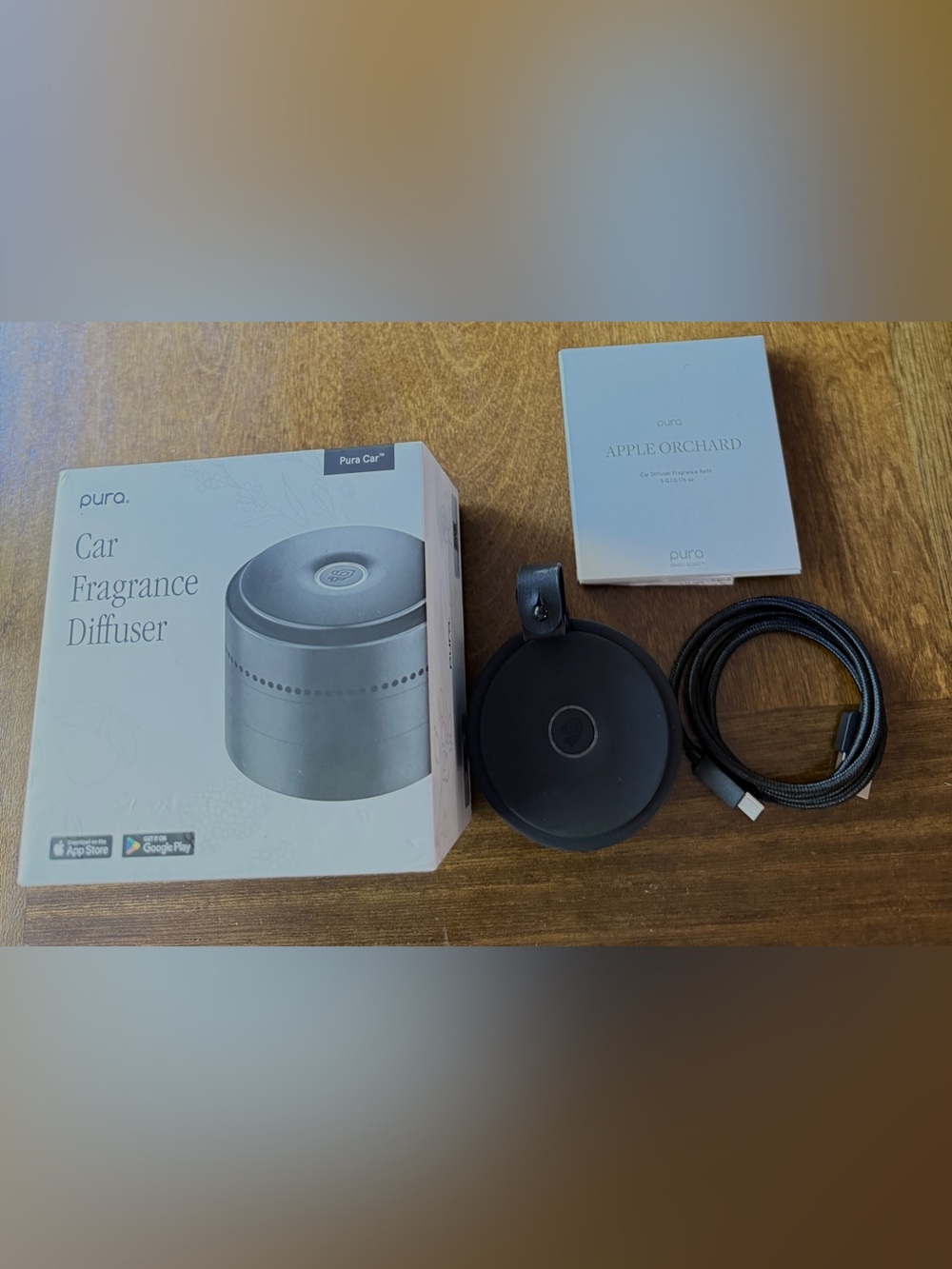 Pura Car Smart Fragrance Diffuser with cable and Apple Orchard Scent open box